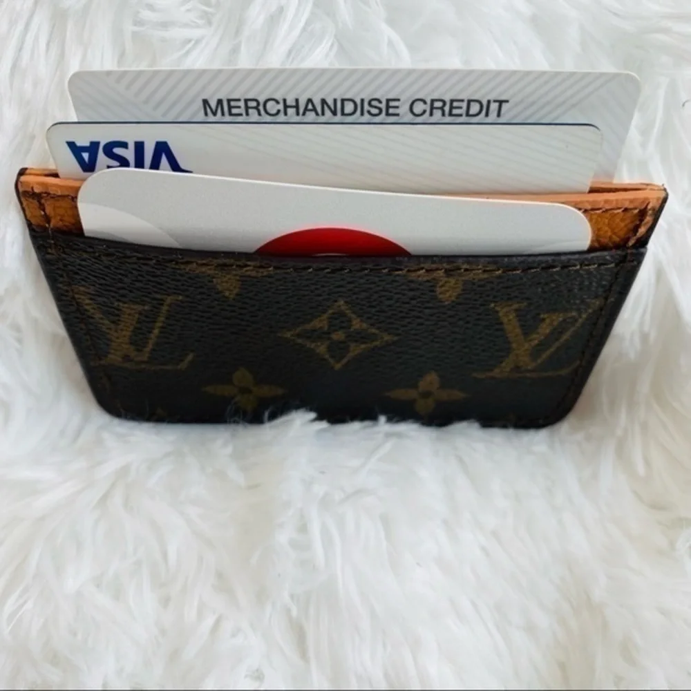 NEW L V Monogram Canvas Card Holder/Tan Leather